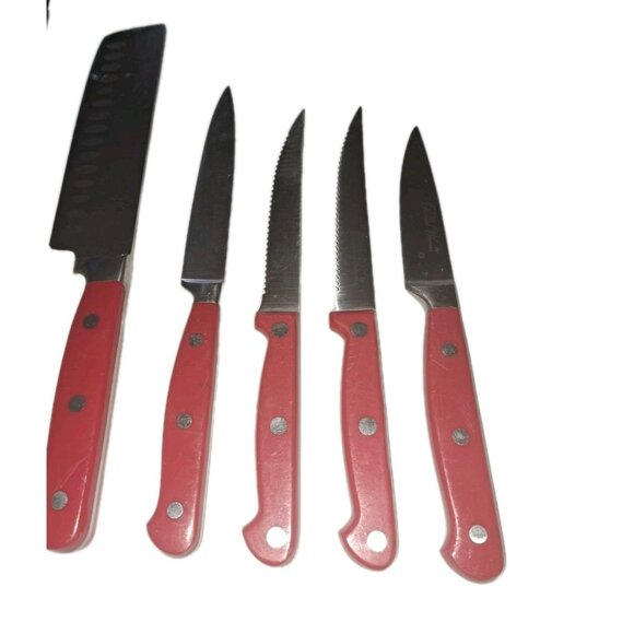 Pioneer Woman 8 Pc Knife Red Handles Stainless Steel Country Kitchen Farmhouse - Picture 2 of 12